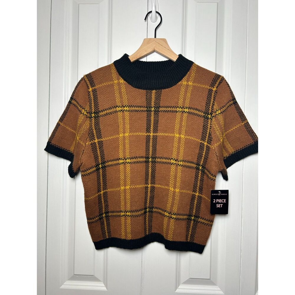 Almost Famous Plaid Mock Neck Short Sleeve Knit Crop Top Sweater Brown 1X NWT